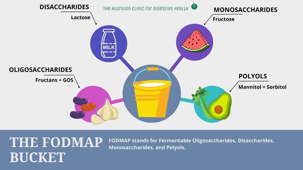 FODMAP bucket concept showing which foods contribute to different FODMAP groups