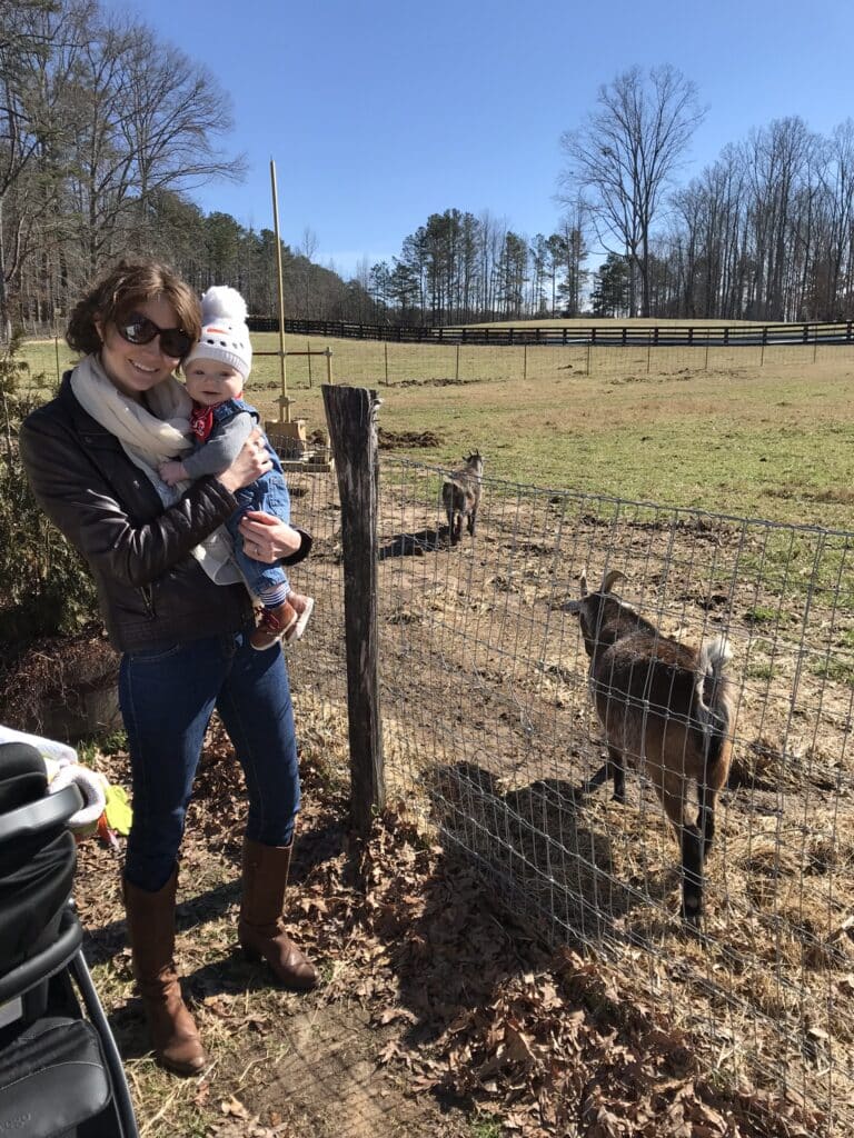 Mom holding Andrew on a farm looking at goats before cancer diagnosis